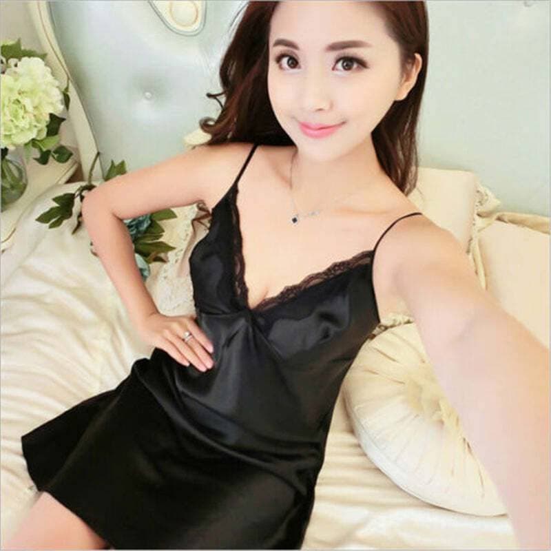 Embroidered Lace V Neck Short Silk Nighty