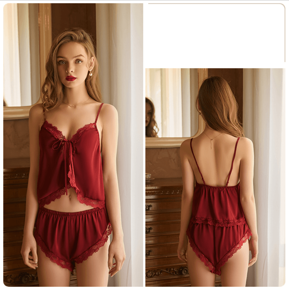 Top & Short Two Pcs Cute Sleepwear Satin Silk Nightwear