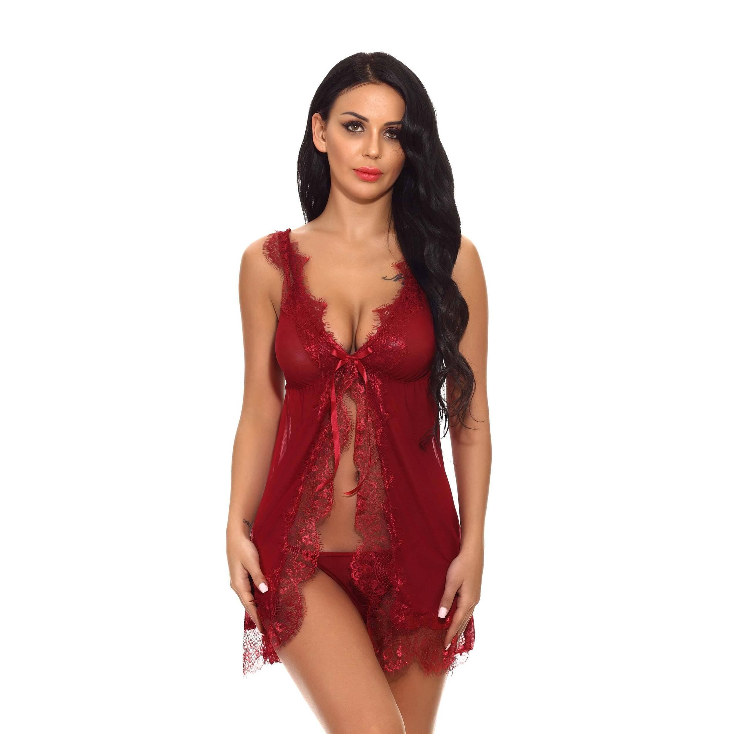 Lace Embroidered Babydoll Short Nighty  With Bow