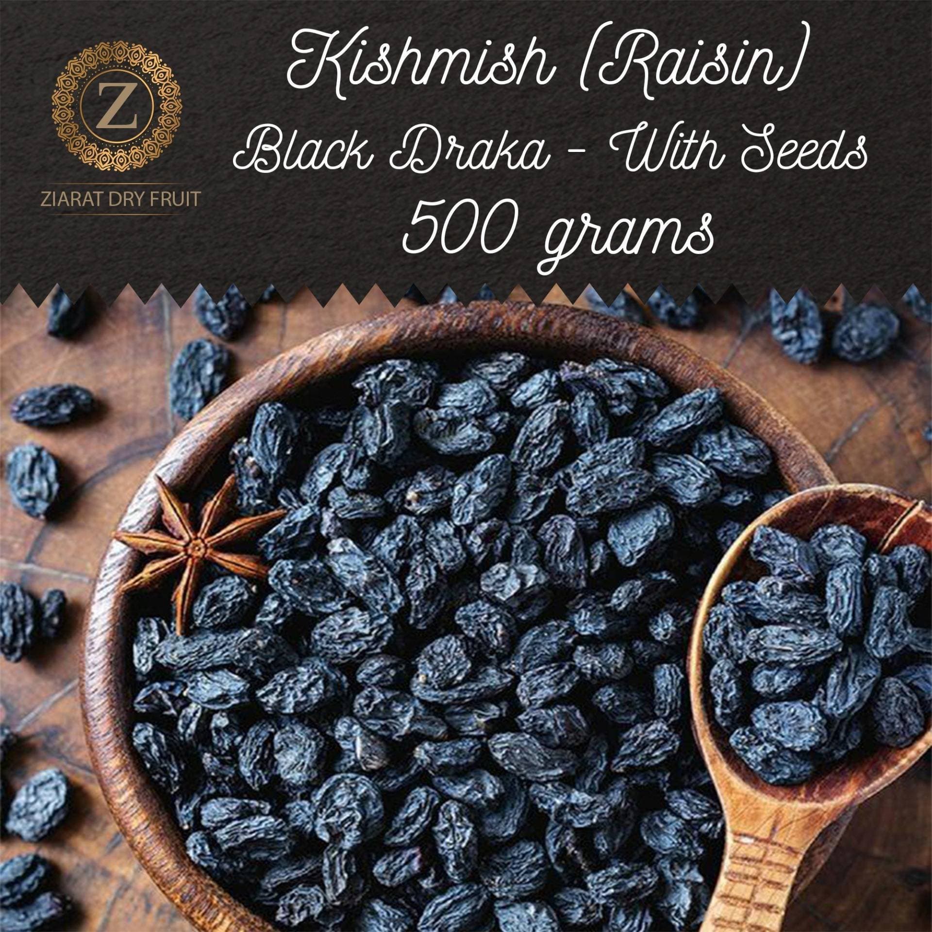 Fresh Raisin Black Draka With Seeds - Pack of 500 Grams Kishmish