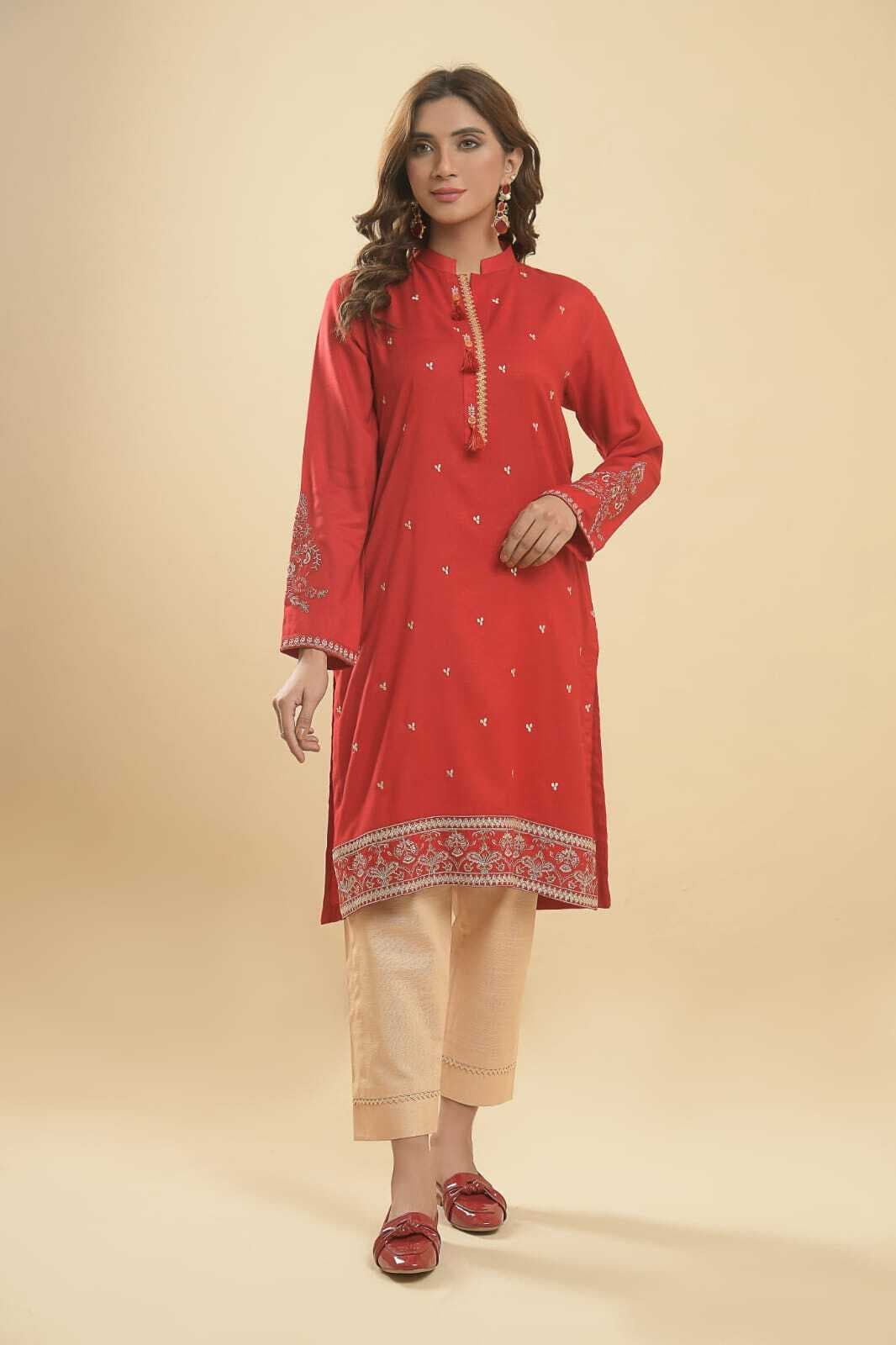 Needleast Textured Linen Single Stitched Shirt Red Color For Women - 1 Piece