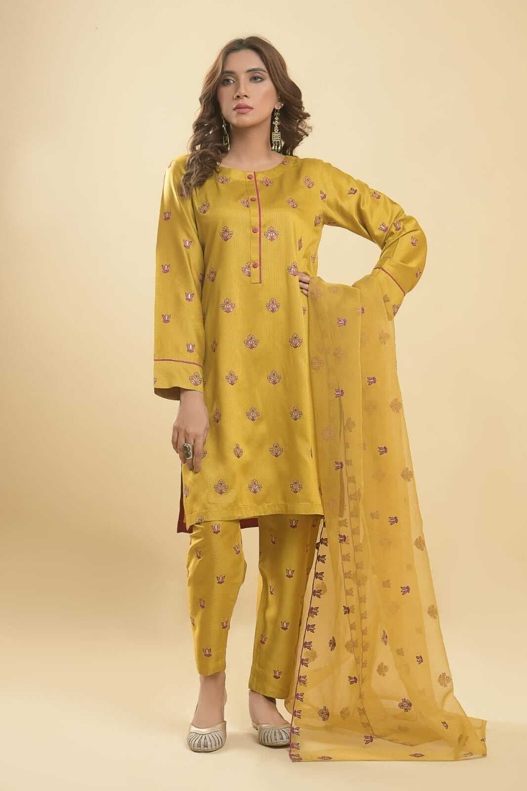 Needleast Silk Linen Shirt, Trouser & Dupatta Mehndi Color Stitched Suit For Women - Pack of 3 PCS