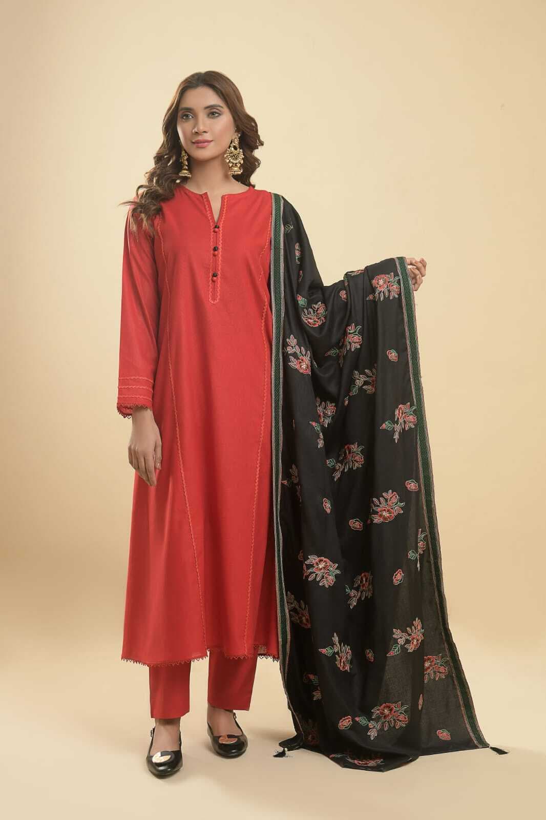 Needleast Blended Wool Shirt, Trouser & Shawl Red Berry Stitched Suit For Women - Pack of 3 PCS