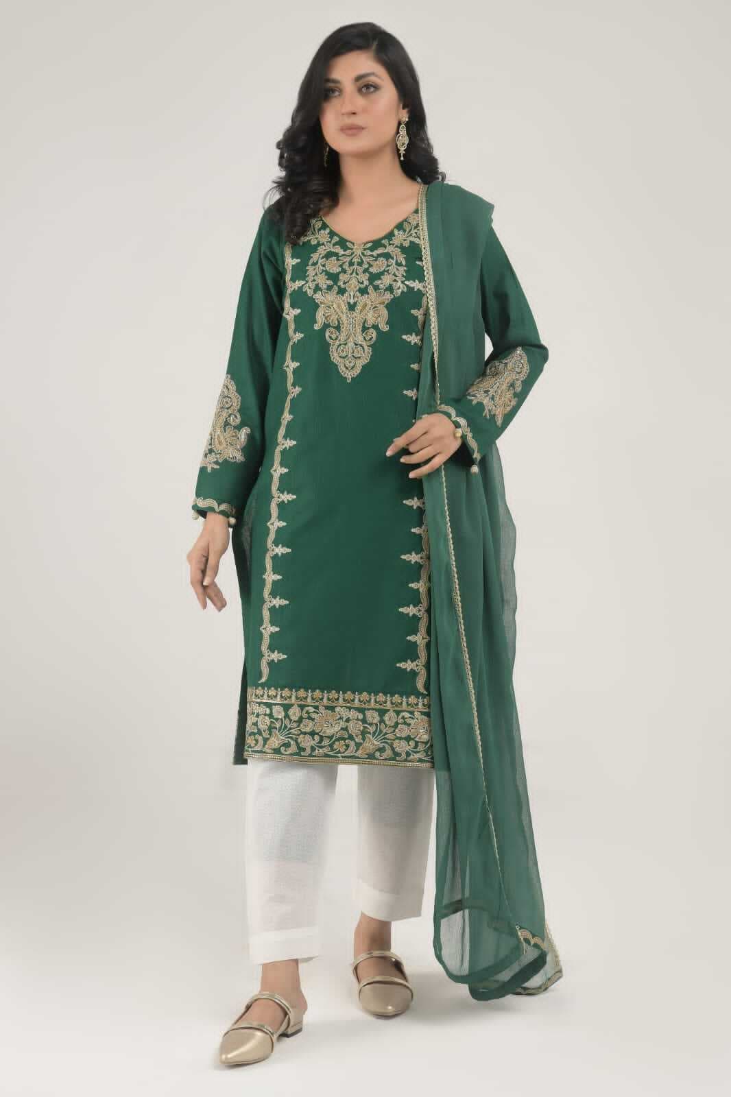 Needleast Khaddar Shirt & Dupatta Green Color Stitched Suit For Women - Pack of 2 PCS