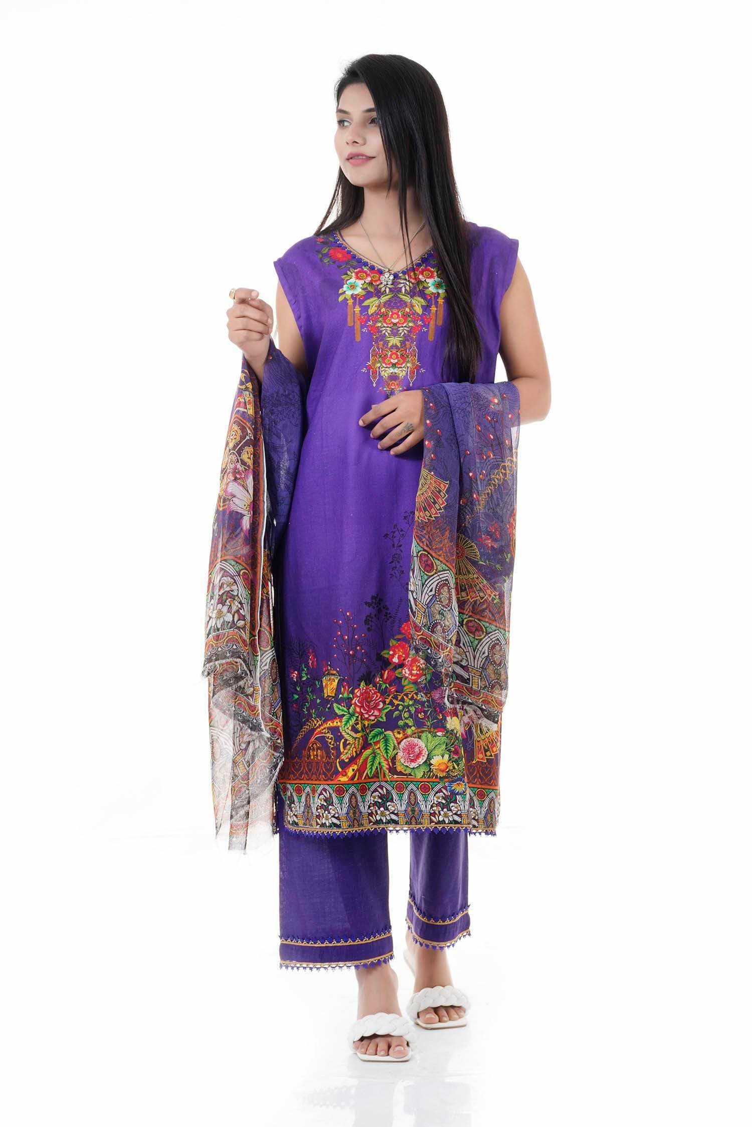 Summer Collection Digital Printed 3 Piece Lawn Suits With Daimond Lawn Dupatta - DDS-06