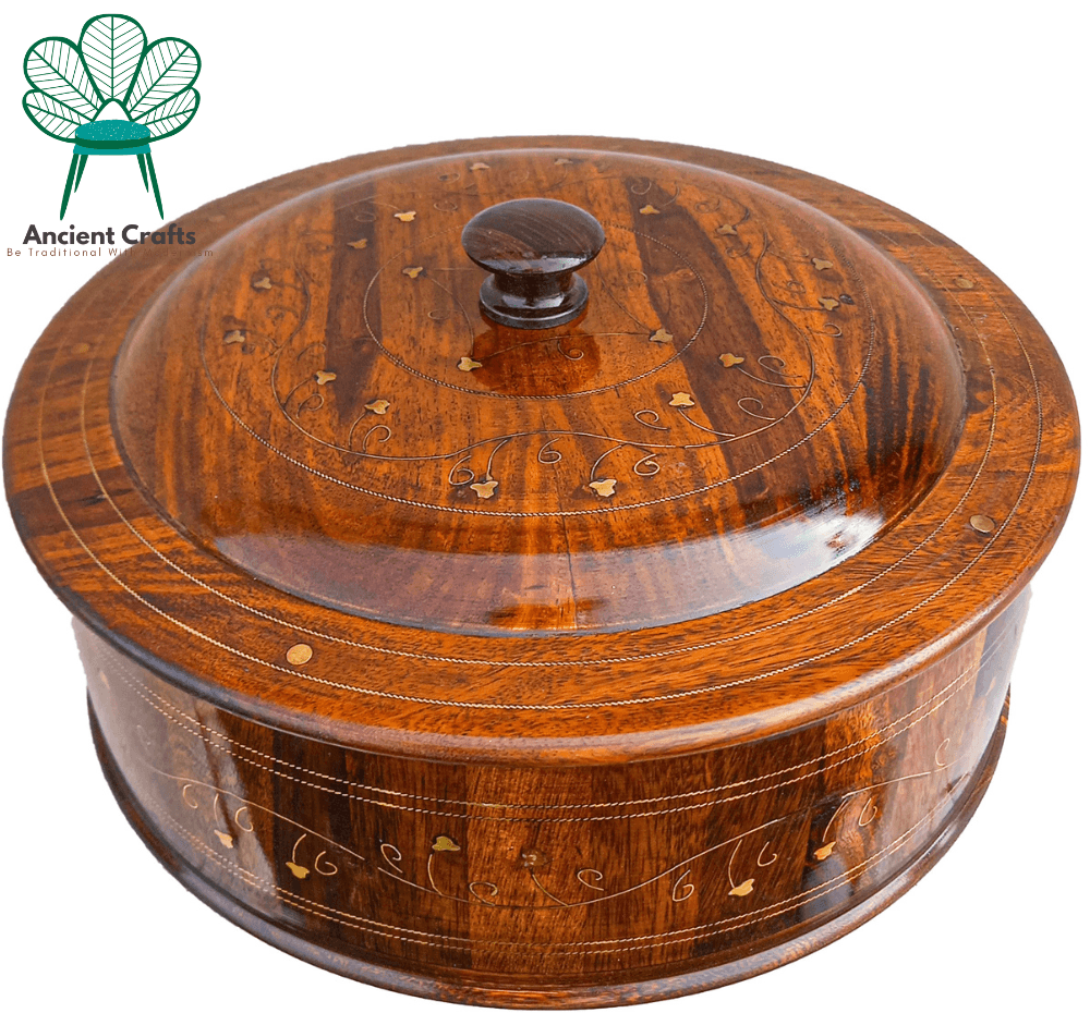 Wooden Hot Pot With Brass Work Handmade For Kitchen 12X 12 - 1 Piece