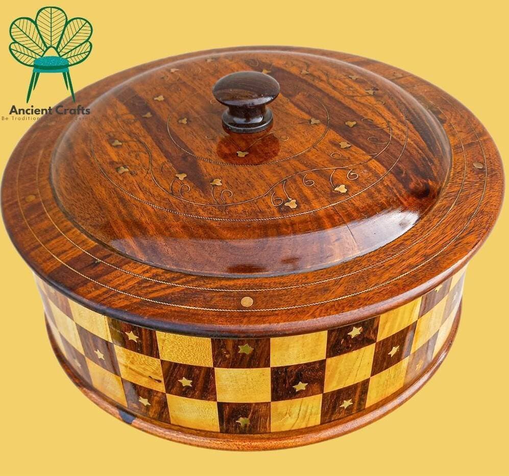 Wooden Hot Pot With Brass Work Handmade Kitchen Accessories 12X 12 - 1 Piece