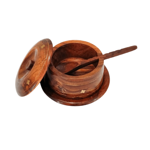 Hand Crafted Brass Work Wooden Sugar Bowl Spice Jar With Lid Spoon