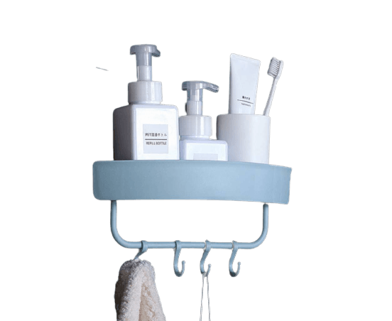 Triangle Bath and Kitchen Corner Storage Shelf with Hooks - Sky Blue