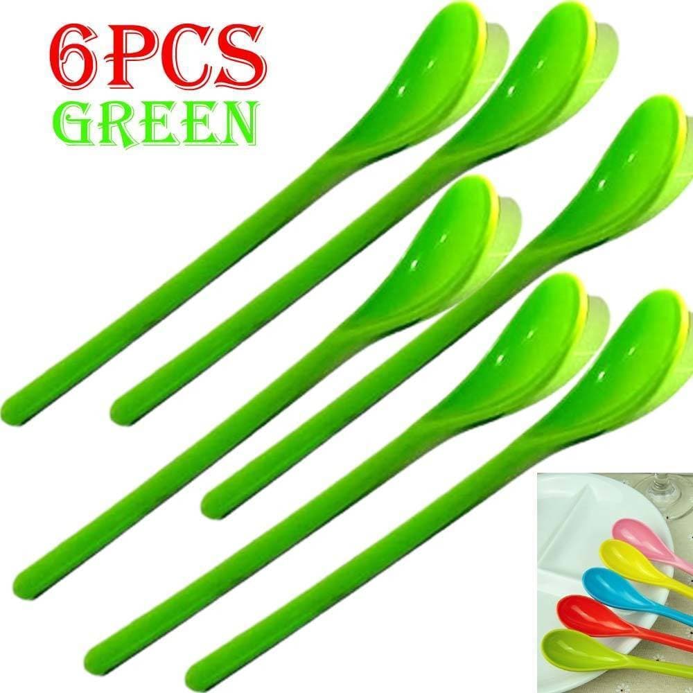 6Pcs Long Handle Green Plastic Coffee Spoon