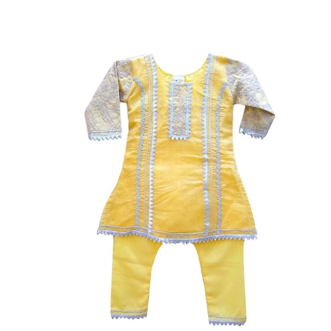 Stitchigh Partywear Stylish & Embroidered Cotton Kurta Pajama For Girls - Yellow