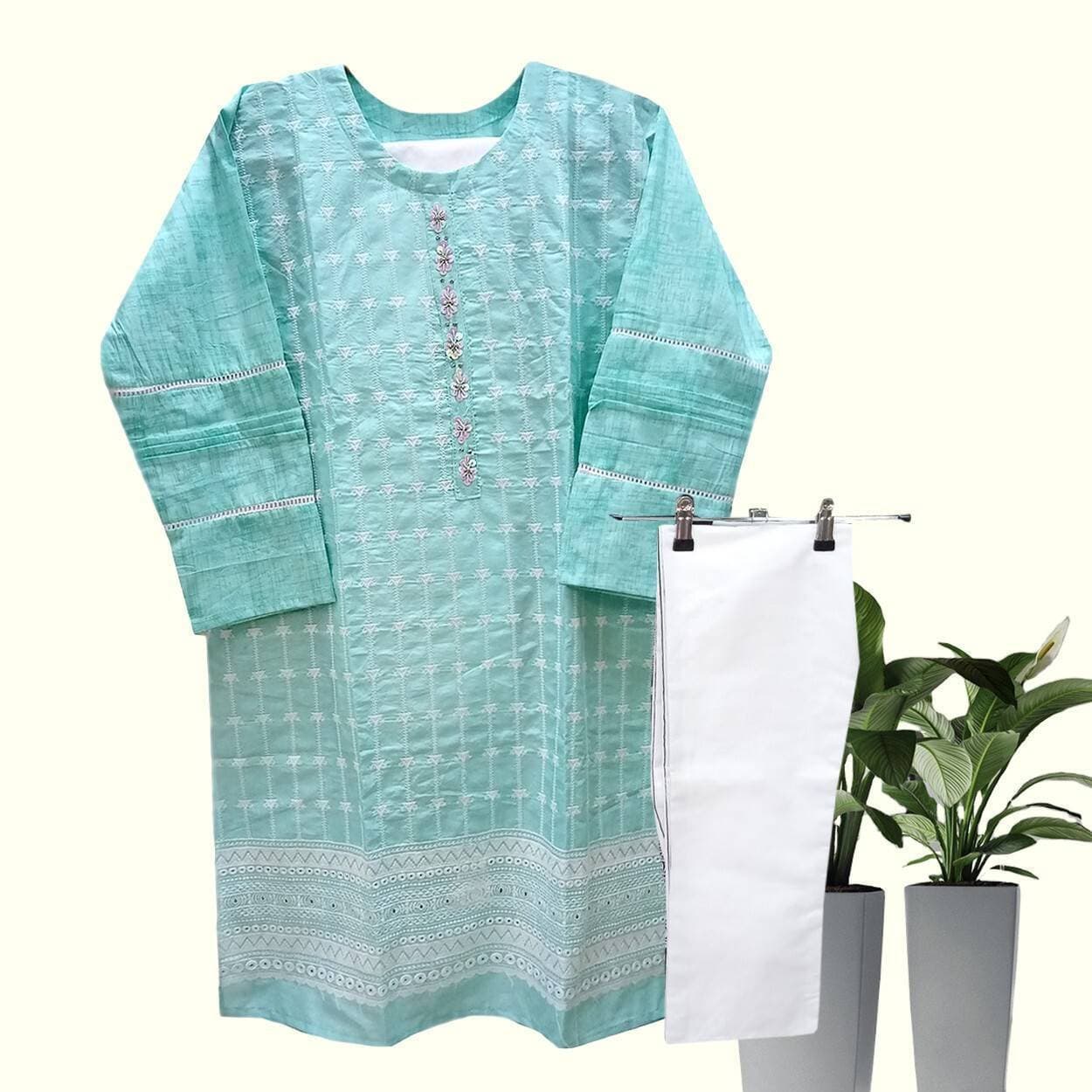 Stitchigh 2 PCS Embroidered Cotton Kurta Pajama Suit For Girls - Multi Color