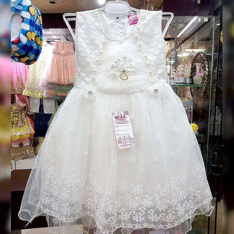 Exclusive Partywear - Classy Embroidered Net Frock With Trouser - White - Age: 6-12 Yrs