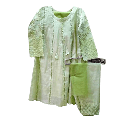 Stitchigh 2 PCS Embroidered Cotton Kurta Pajama Suit For Girls - Green