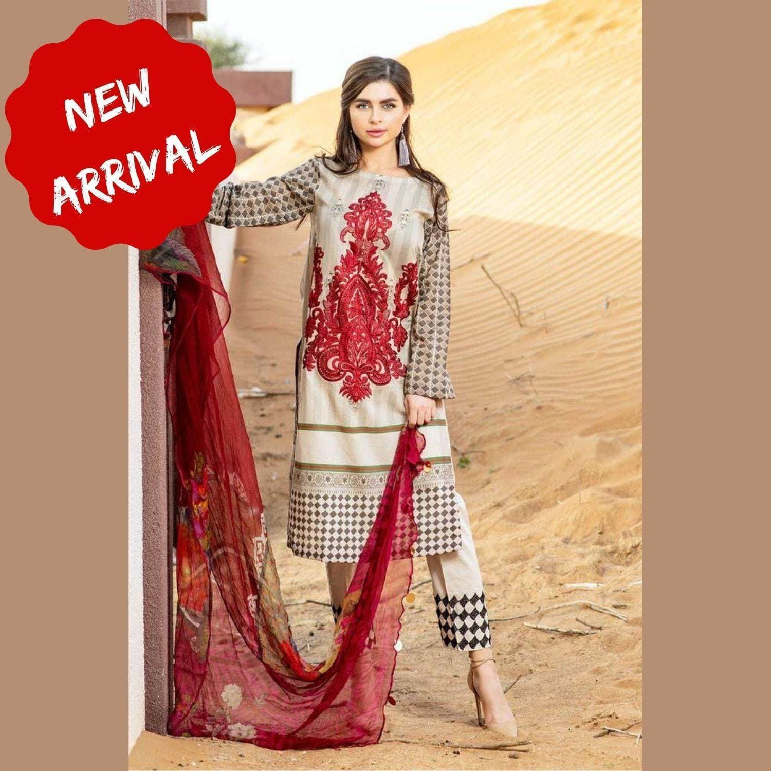 Beige Winter Collection 2020 - 3PC Embroidered Unstitched Linen Suit with Wool Shawl