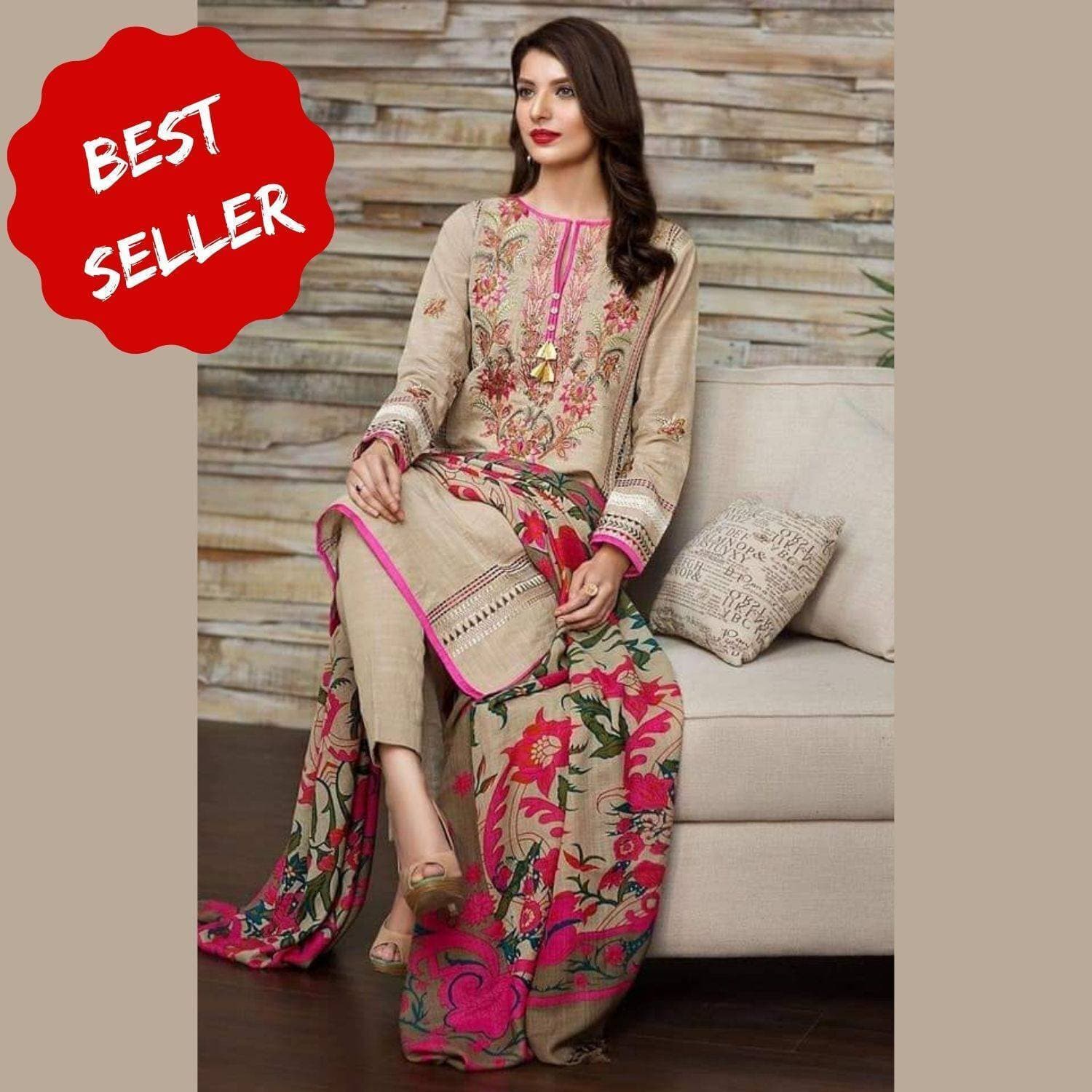 Light Beige Winter Collection 2020 - 3PC Embroidered Unstitched Khaddar Suit with Wool Shawl for Women