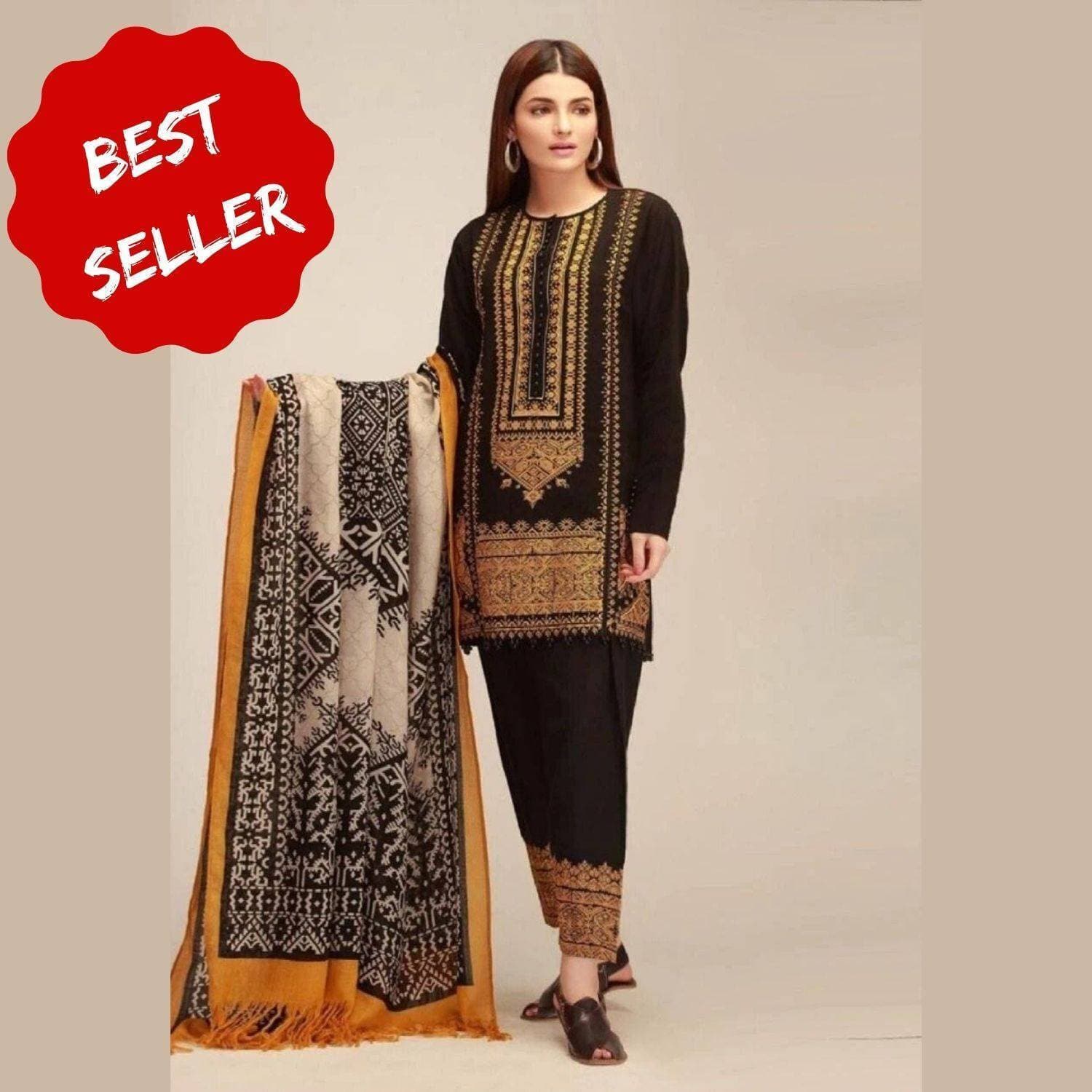 Winter Collection 2020 - 3PC Embroidered Unstitched Khaddar Suit with Wool Shawl for Women - Matte Black