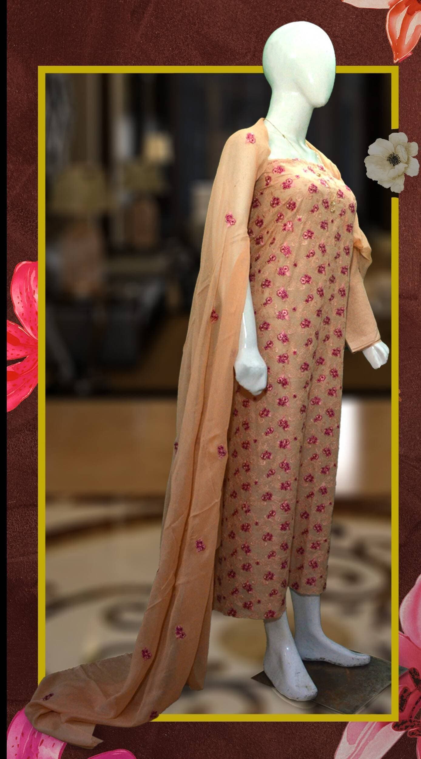 3 Pcs Embroidered Karandi Unstitched suit with chiffon Dupatta