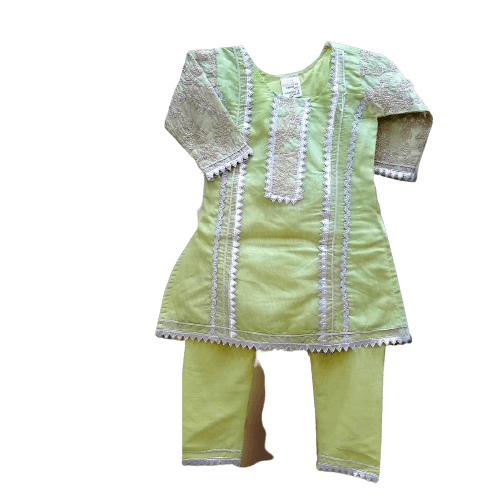Stitchigh Partywear Stylish & Embroidered Cotton Kurta Pajama For Girls - Green