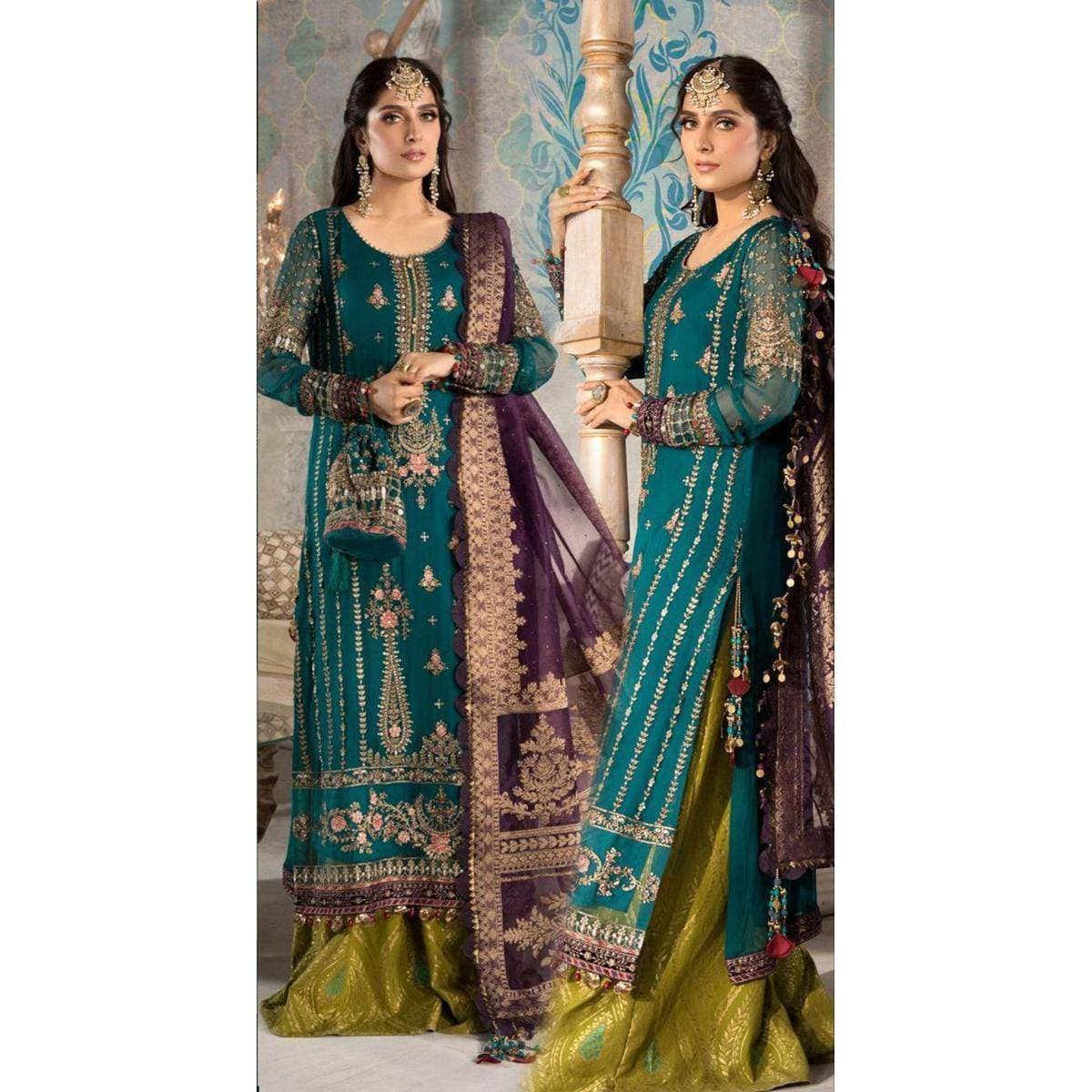 Chiffon Embraided 3 PCS Women Unstitched Wedding Ghara - Evergreen Green - Ra-88