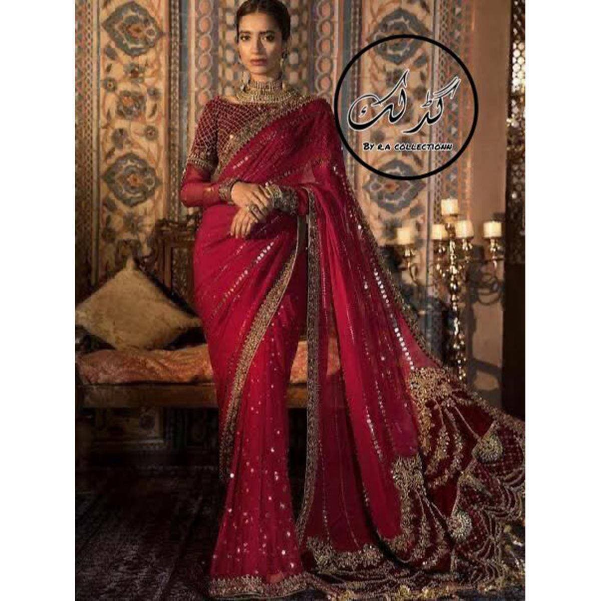 Chiffon Heavy Embraided 3 PCS Women Unstitched Wedding Saree - Red - Ra-84
