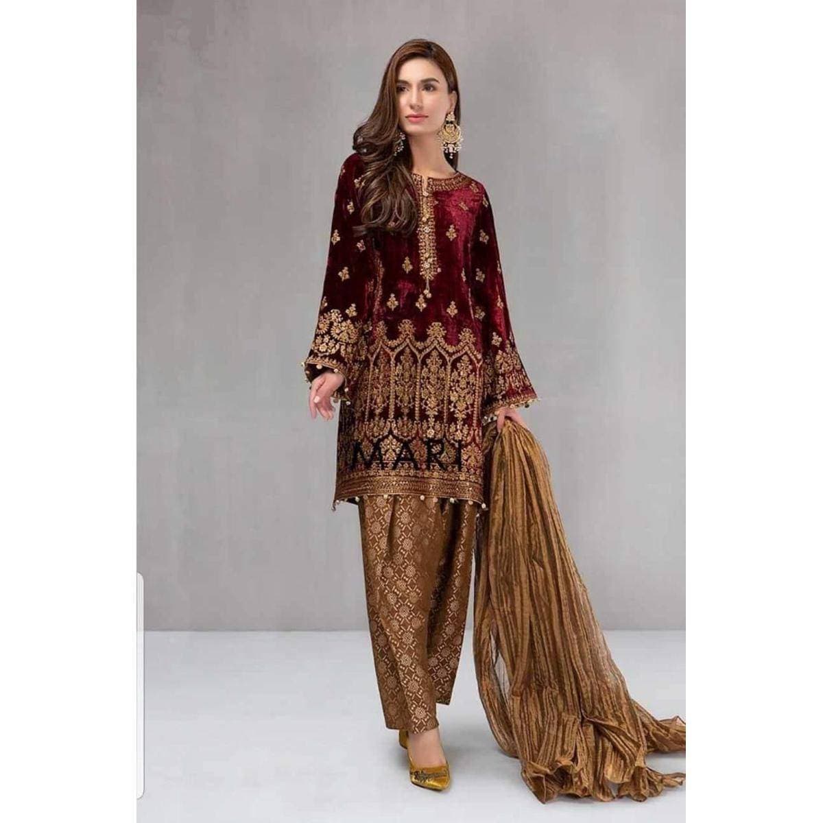 Velvet Embroidered 3 PCS Women Unstitched Suit - Multi Colors - Ra-76