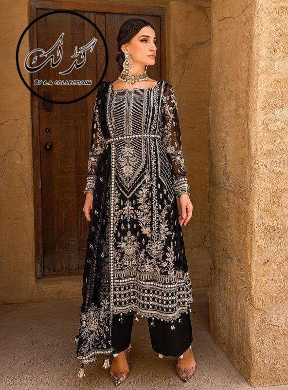 Heavy Embroidered 3 PCS Women Unstitched Suit - Black - Ra-12