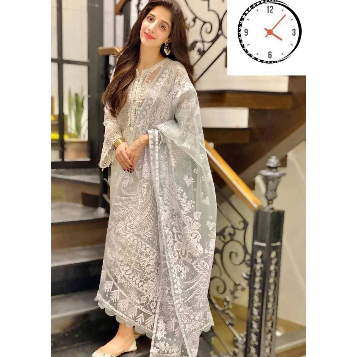 Heavy Embroidered 3 PCS Women Unstitched Suit - White - Ra-47