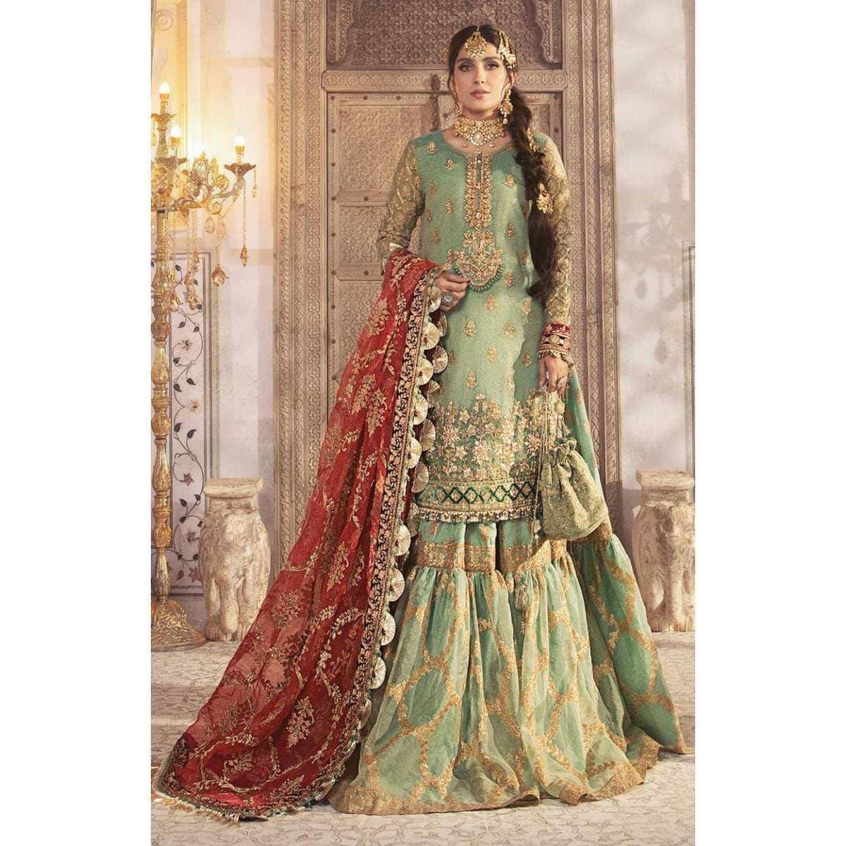 Mysoori Embraided 3 PCS Women Unstitched Ghara - Pista Green