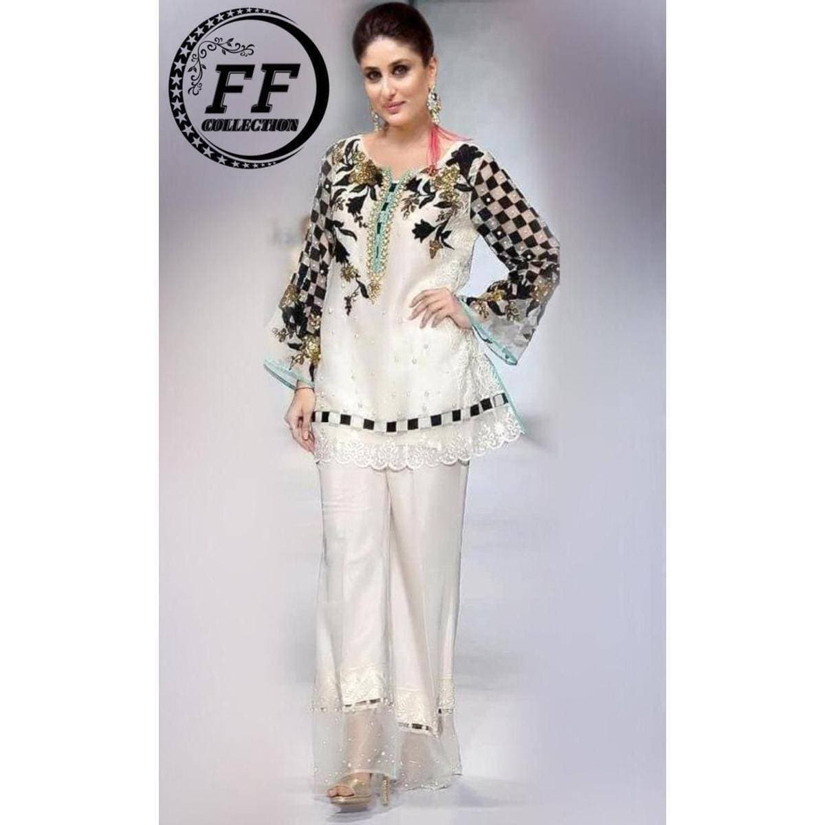 Heavy Embroidered 3 PCS Women Unstitched Suit - White - Ra-34