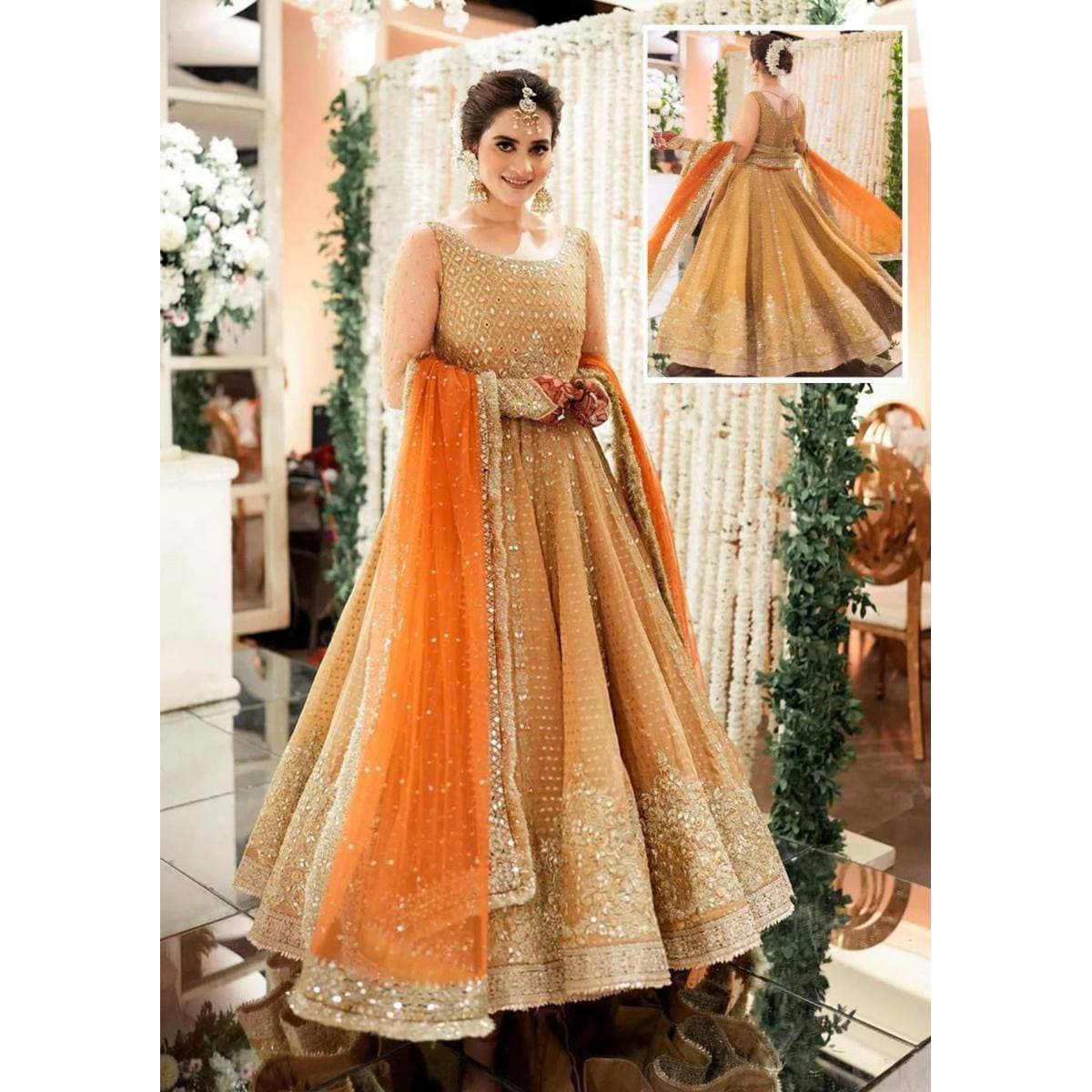 Heavy Embroidered 3 PCS Women Unstitched Frock - Light Orange - Ra-27