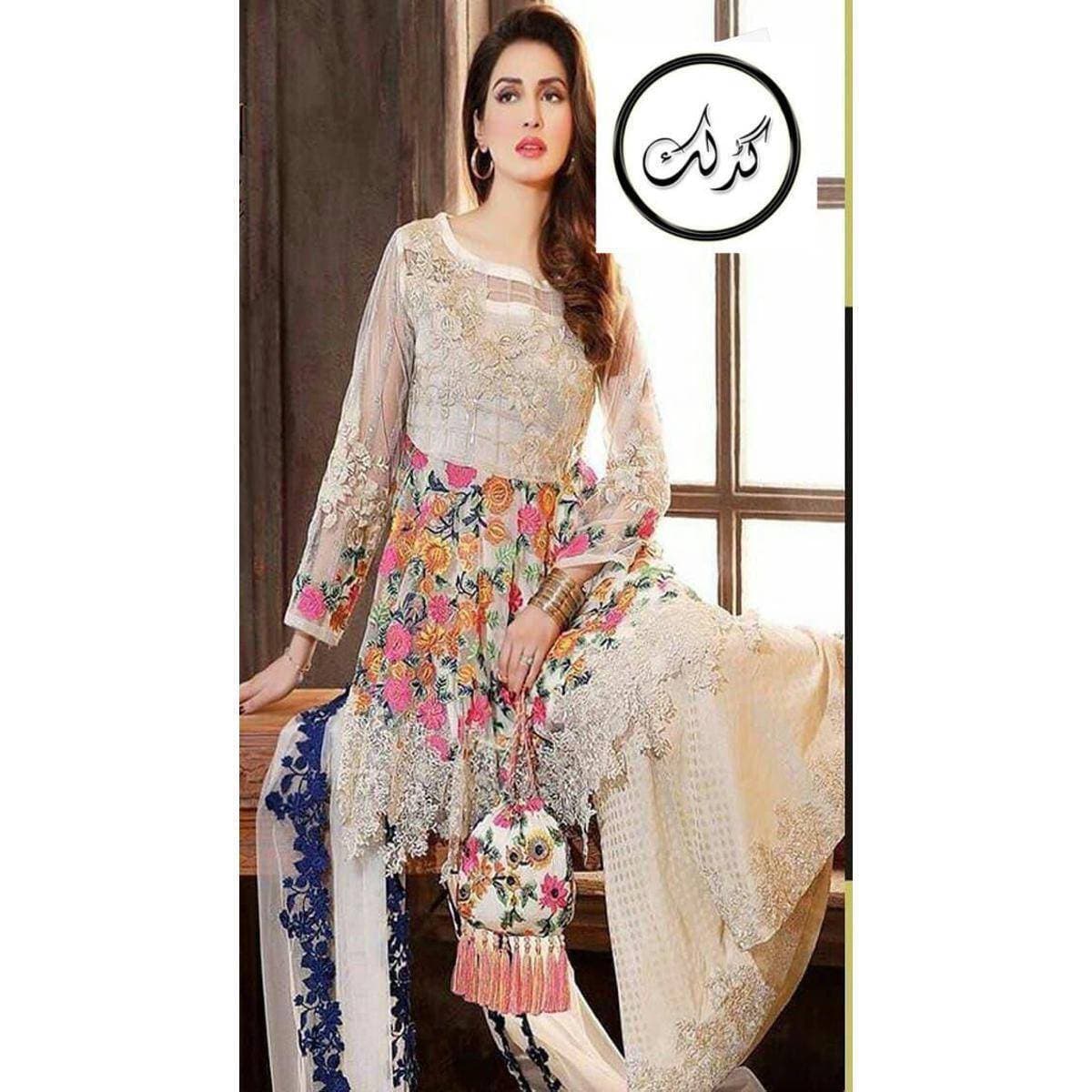 Chiffon Heavy Embroidered 3 PCS Women Unstitched Suit - Multi Colors - Ra-72