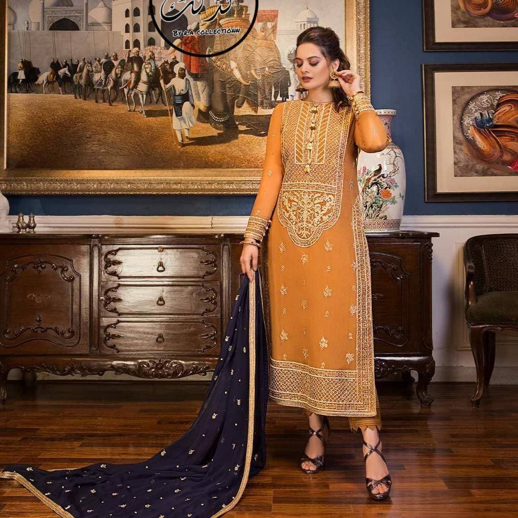 Heavy Embroidered 3 PCS Women Unstitched Suit - Yellow - Ra-09