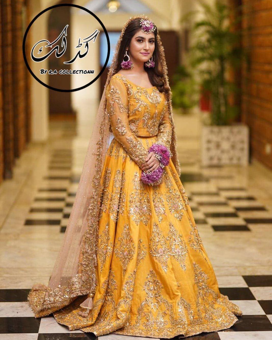 Heavy Embroidered 3 PCS Women Unstitched Wedding Frock - Yellow - Ra-64