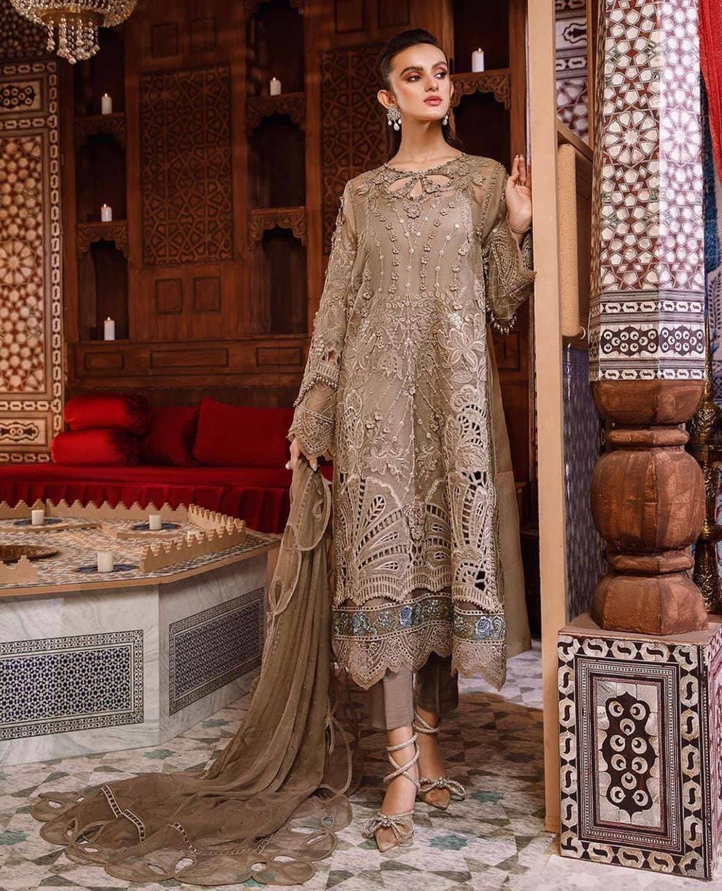 Heavy Embroidered 3 PCS Women Unstitched Suit - Light Brown - Ra-16