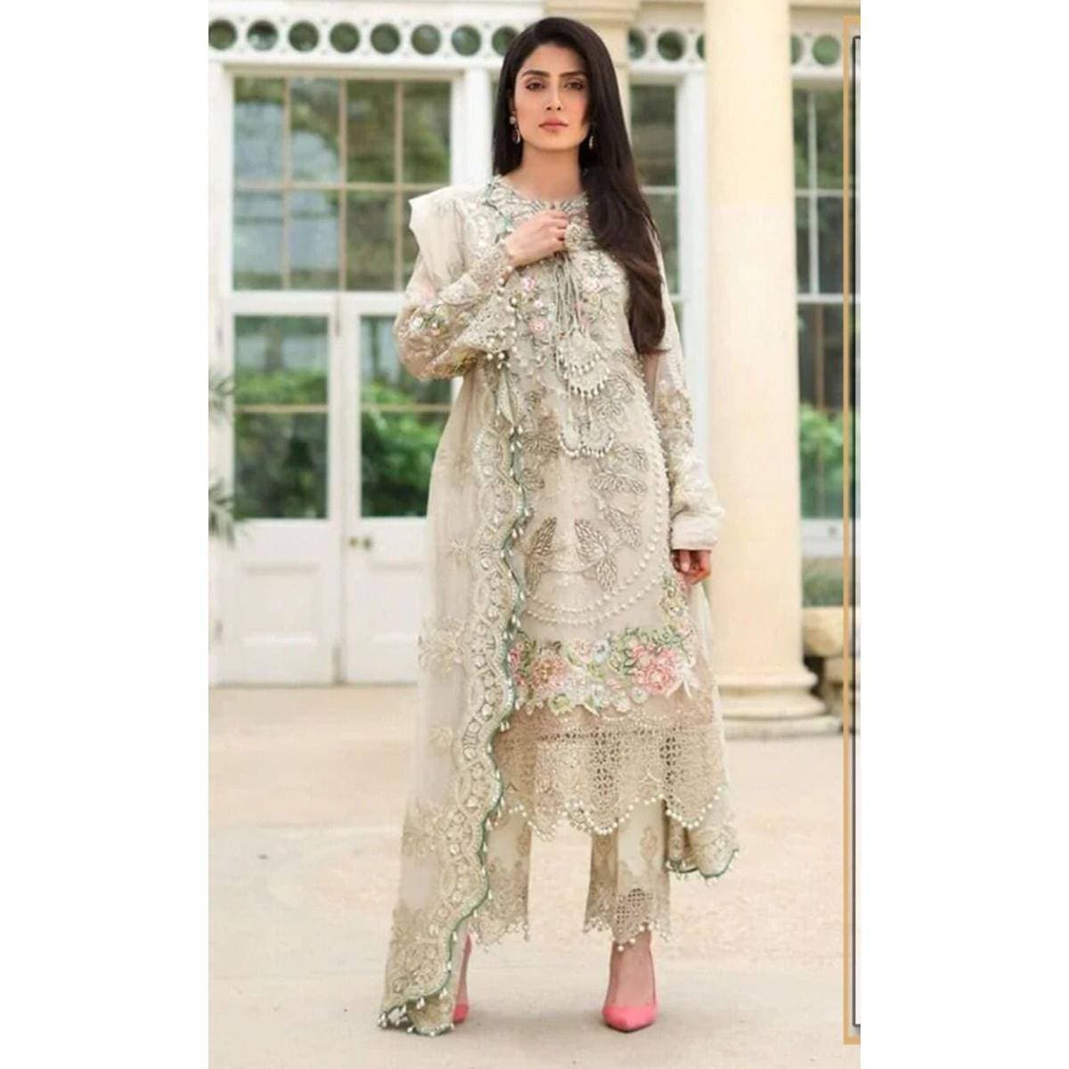 Satin Silk Embroidered 3 PCS Women Unstitched Suit - White - Ra-78