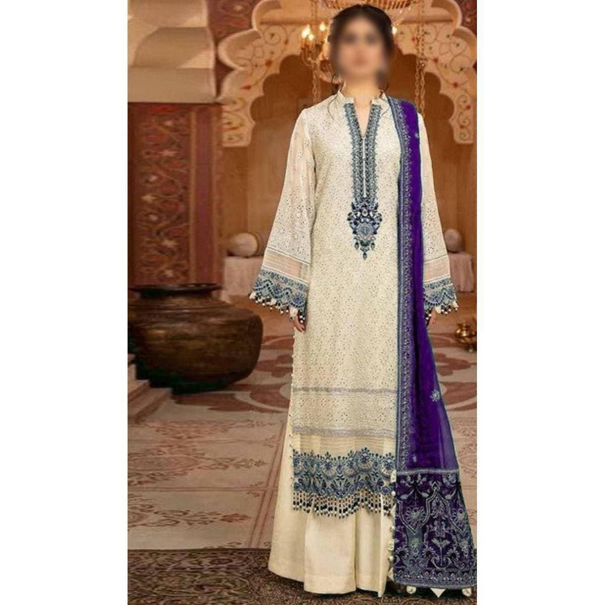 Heavy Embraided 3 PCS Women Unstitched Suit - White - Ra-87