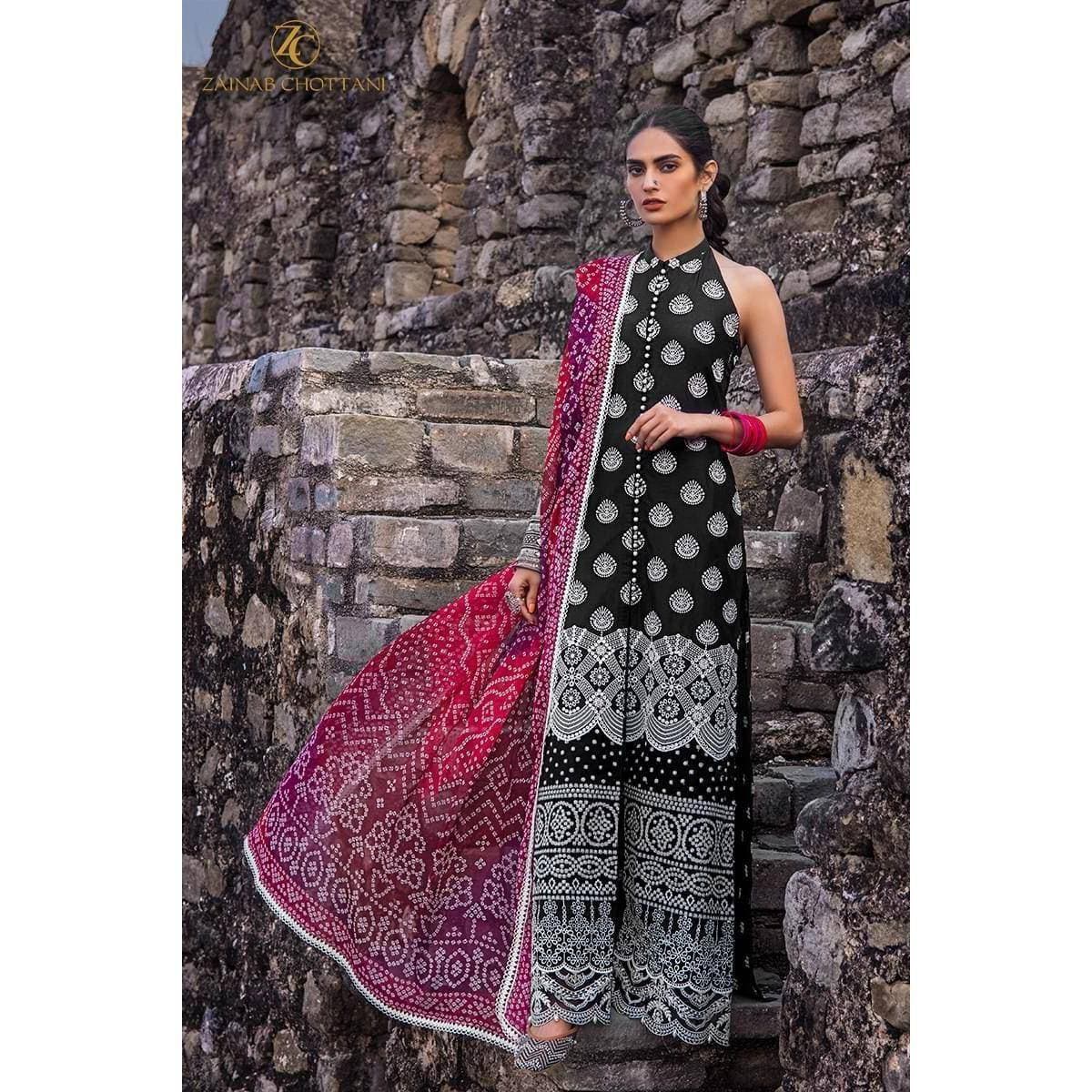 Cotton Embroidered 3 PCS Women Unstitched Suit - Black - Ra-79