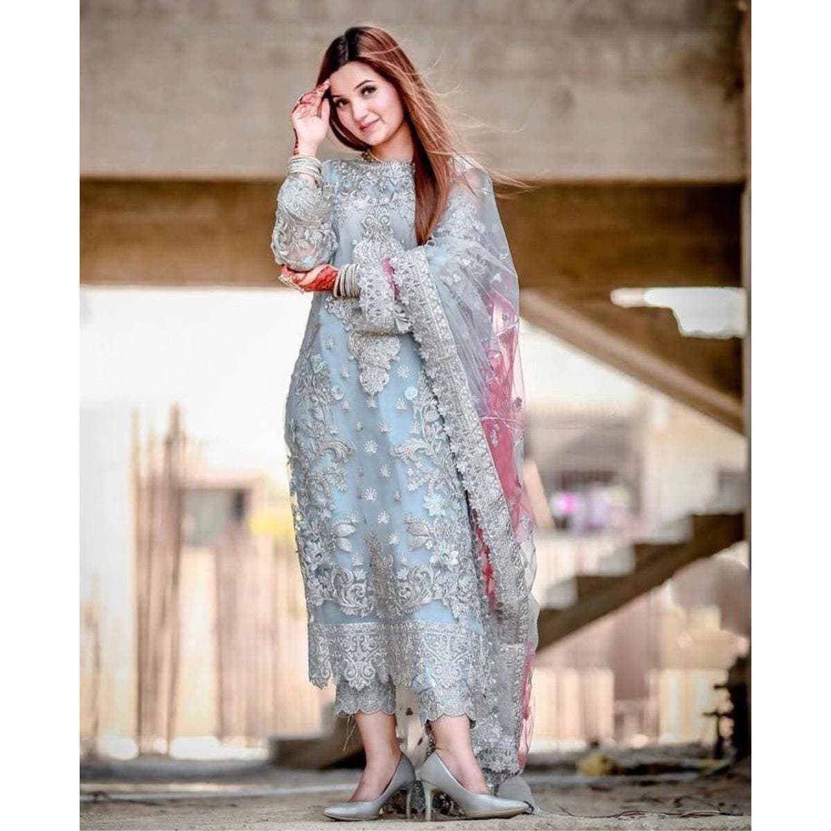 Organza Stylish 3 PCS Women Unstitched Suit  - Blue