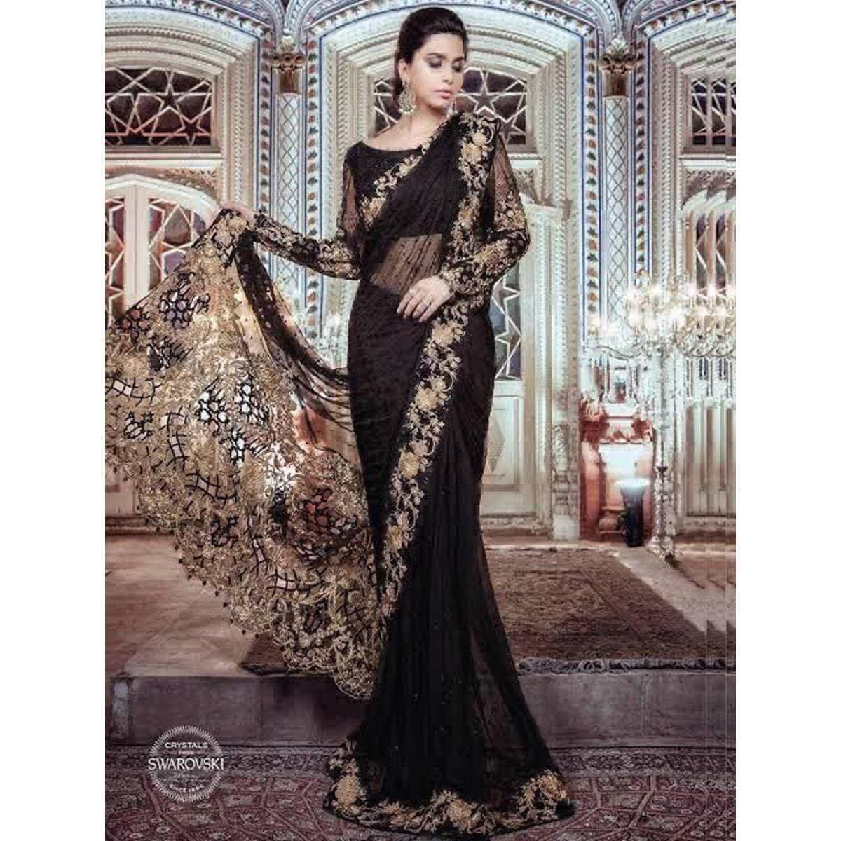 Heavy Embroidered 3 PCS Women Unstitched Saree - Black - Ra-32
