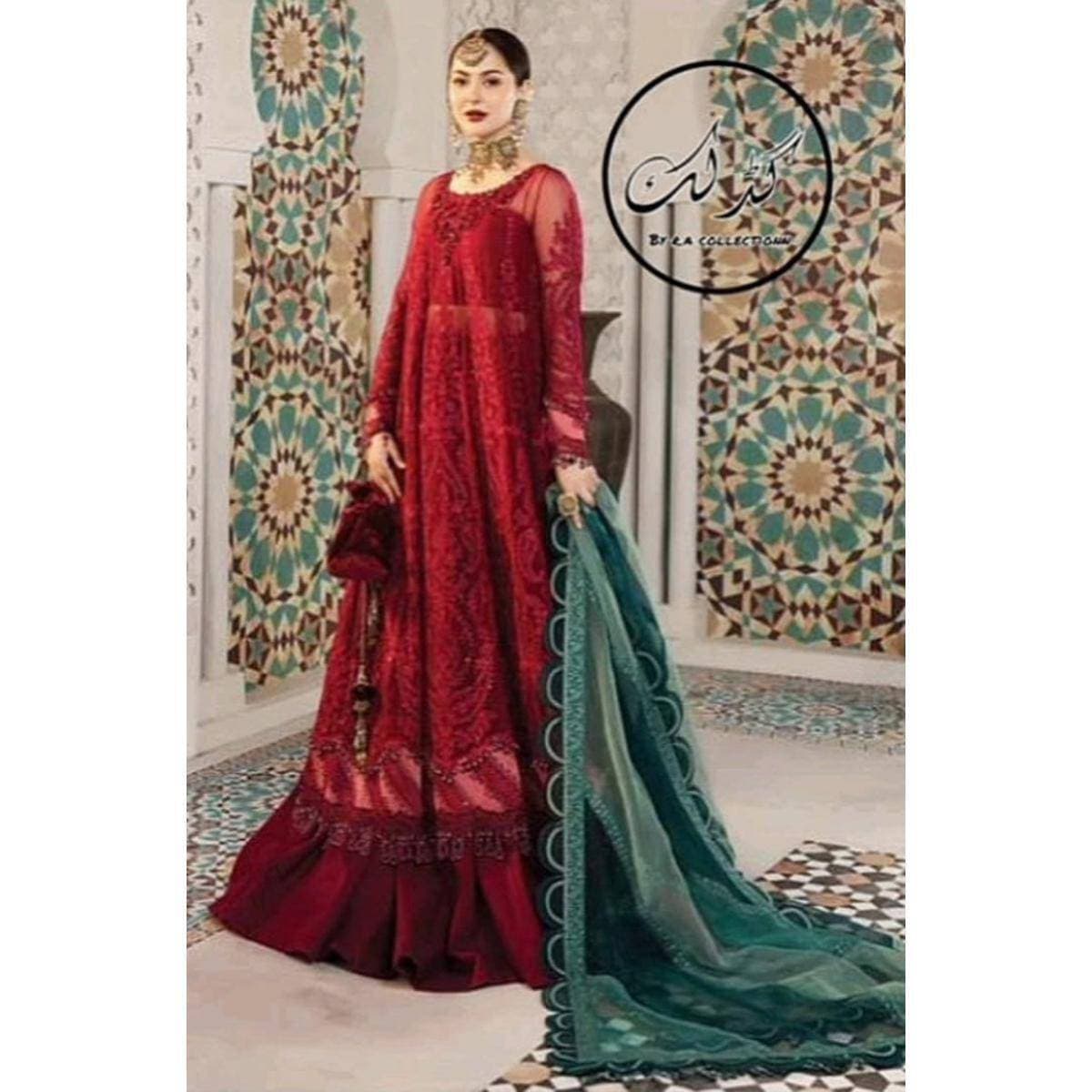 Chiffon Heavy Embroidered 3 PCS Women Unstitched Mexi - Red - Ra-49