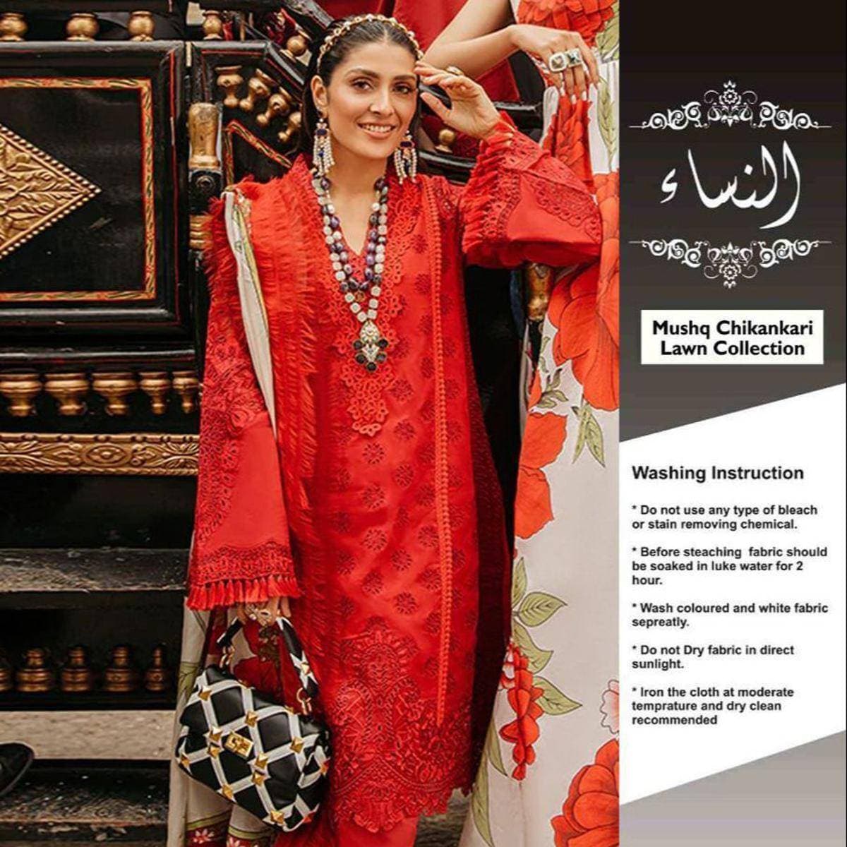 Mushq Chikankari Lawn Women Unstitched  Suit - Red