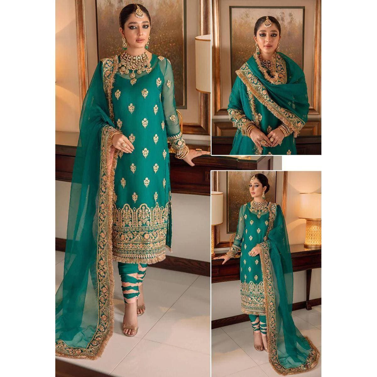 Organza Heavy Embroidered 3 PCS Women Unstitched Suit - Green - Ra-13