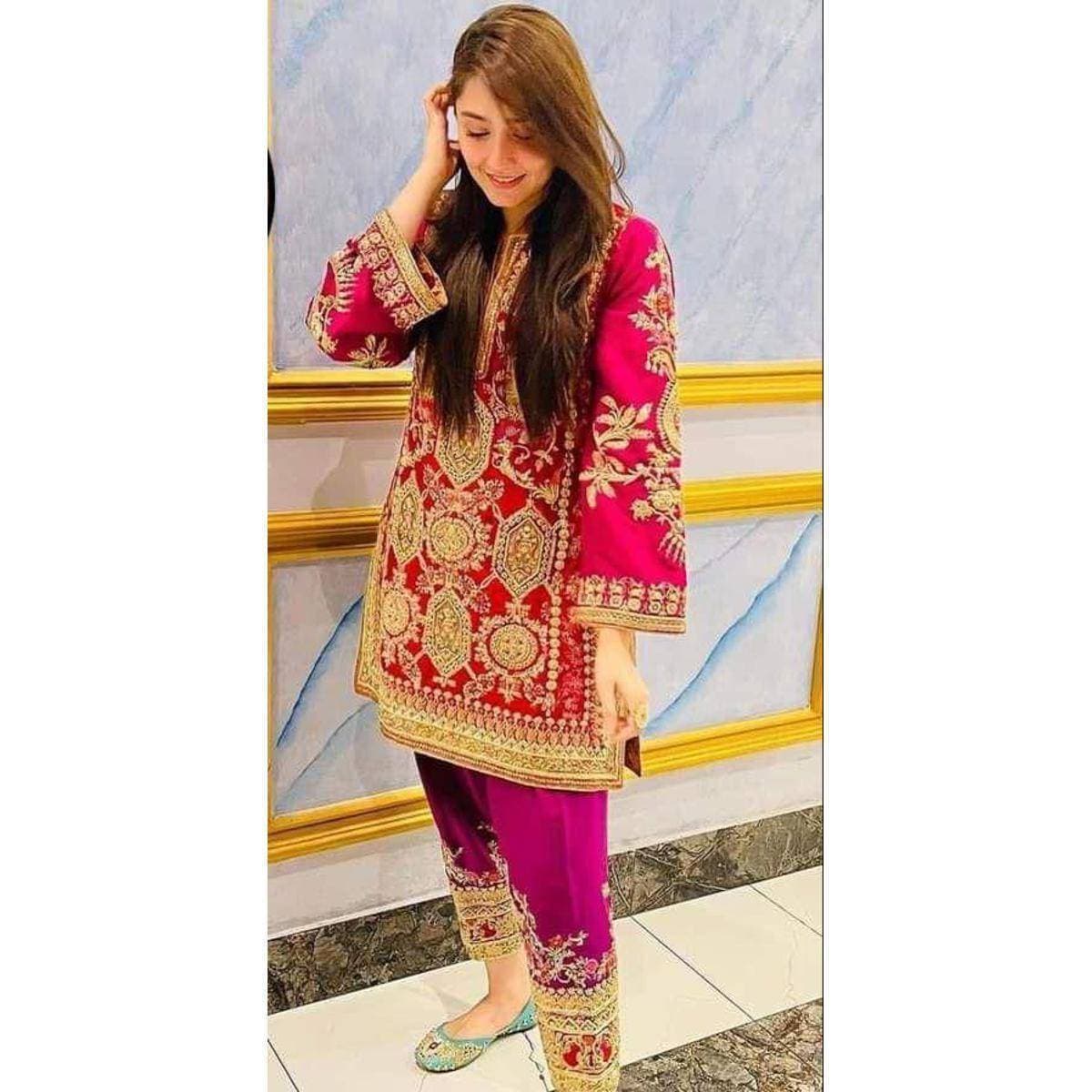 Heavy Embroidered 3 PCS Women Unstitched Suit - Rose Pink - Ra-66
