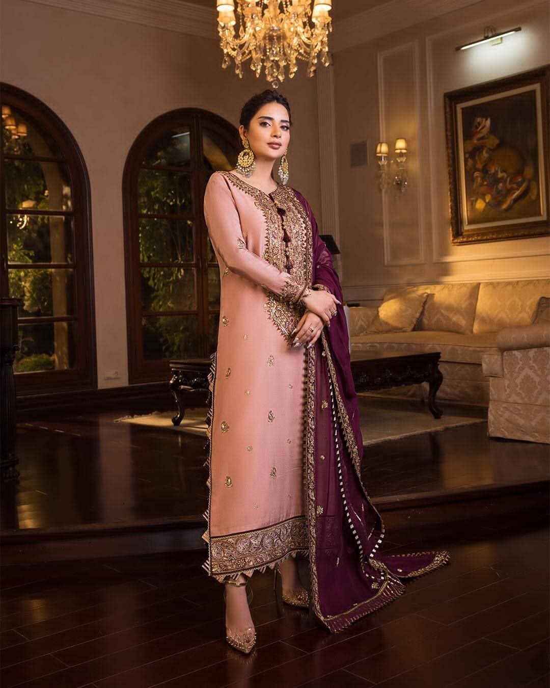 Chiffon Heavy Embroidered 3 PCS Women Unstitched Suit - Light Pink - Ra-15