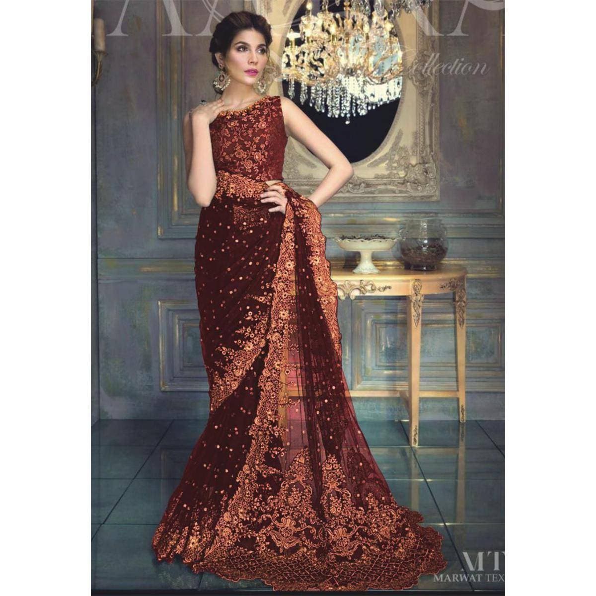 Chiffon Embraided Women Unstitched Wedding Saree - Maroon - Ra-89