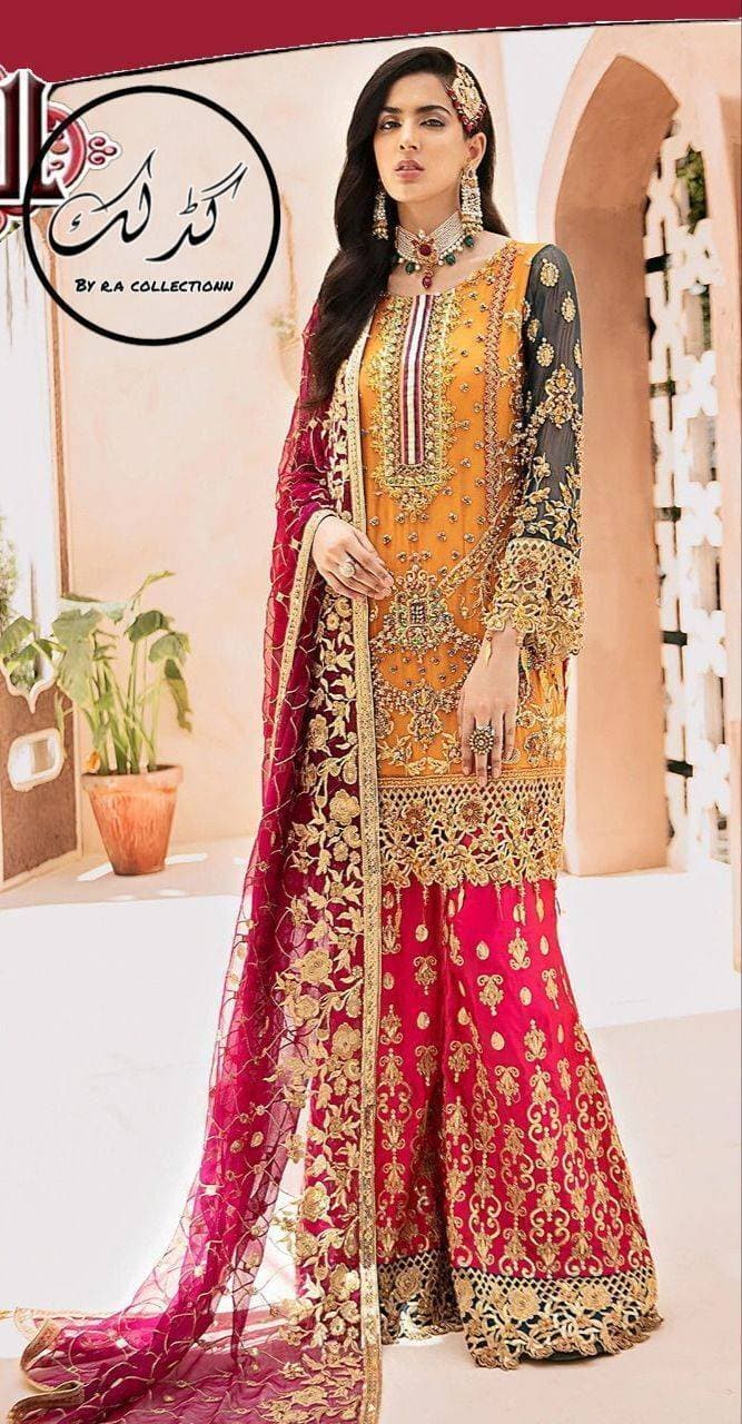 Chiffon Heavy Embroidered 3 PCS Women Unstitched Ghara - Multi Colors - Ra-69
