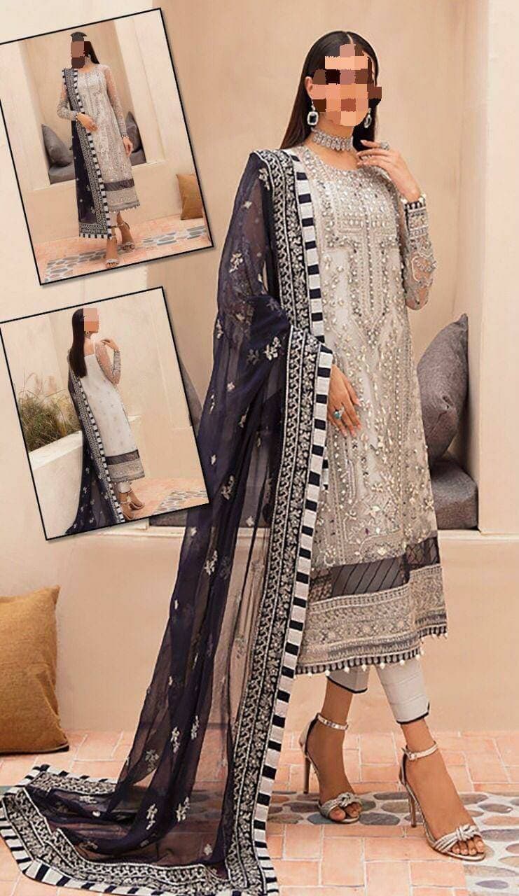 Organza Heavy Embroidered 3 PCS Women Unstitched Suit - Off White - Ra-44