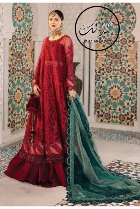 Chiffon 3 PCS Women Unstitched Bridal Ghara - Red - Ra-83