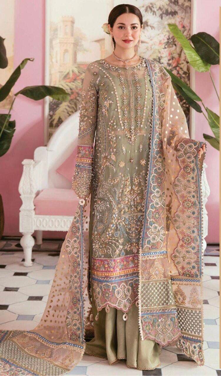 Organza Heavy Embroidered 3 PCS Women Unstitched Suit - Sea Green - Ra-28